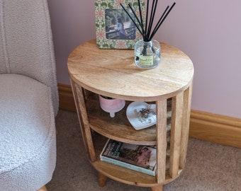 Mango Wood Slatted Bedside Table Japanese Nightstand, Hand