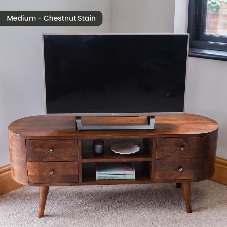 Solid Wood TV Stand 110cm Wide with Storage for Living Room Natural Light Brown Chestnut