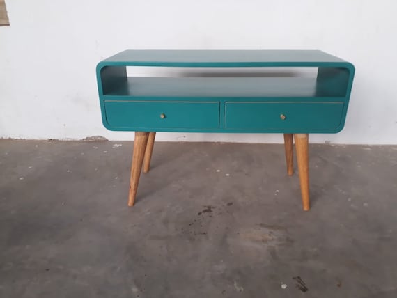 Hand Painted Teal Mango Wood TV Stand, Scandinavian Media Unit