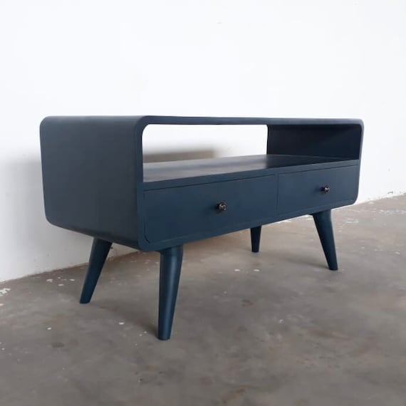Hand Painted Navy Blue Mango Wood TV Stand: Scandinavian Media Unit