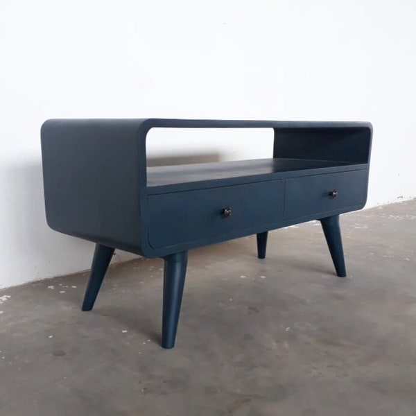 Bespoke Hand Painted Curved TV Stand 2 Drawers 2 Open Slot Storage Shelves Light Mango Wood Scandinavian Media Unit Rustic Retro Navy Blue