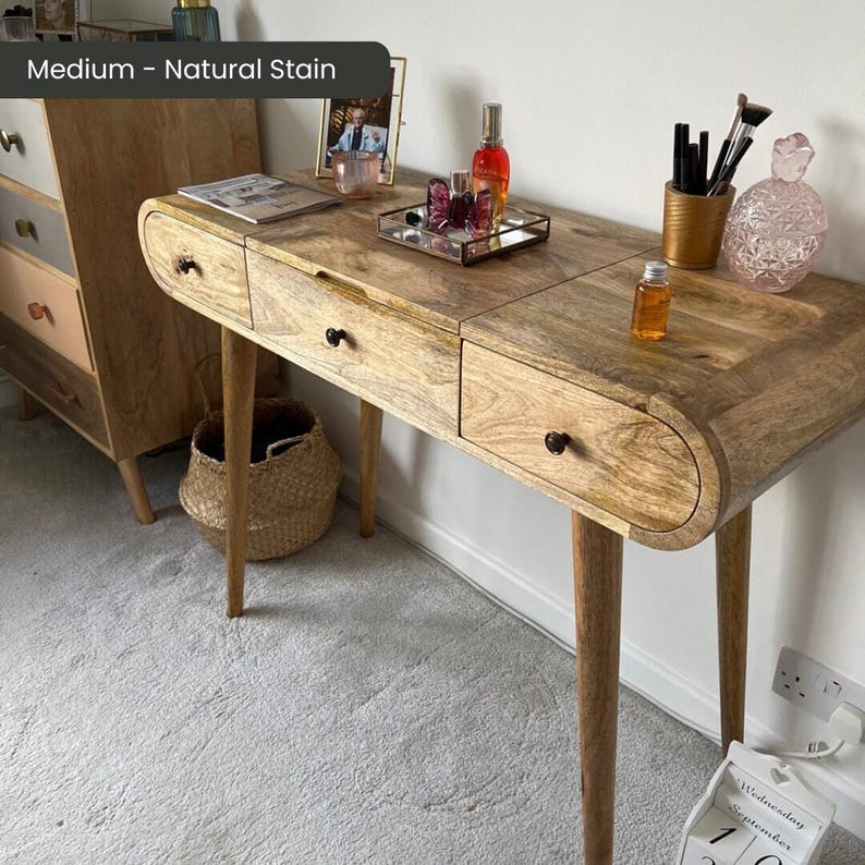 Rounded Dressing Table Mango Wood Rounded Dressing Table & Boucle Stool Furniture Set Rustic ...