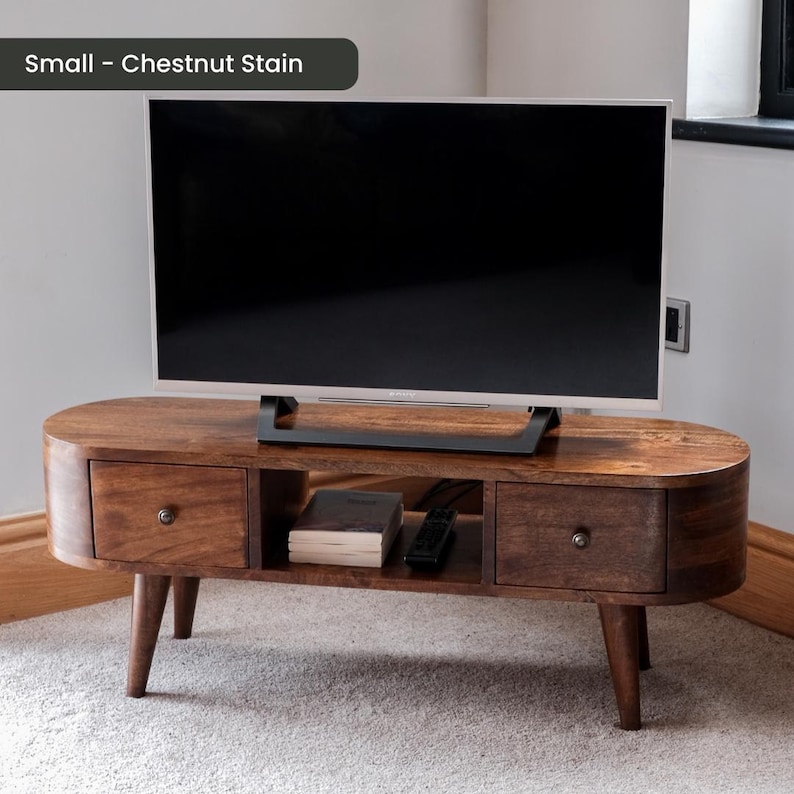 Solid Wood TV Stand 110cm Wide with Storage for Living Room Natural Light Brown zdjęcie 11