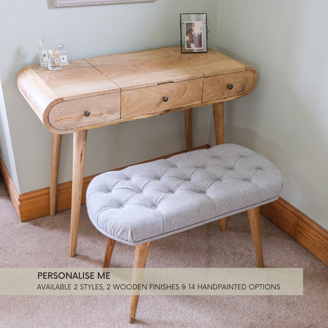 Curved Dressing Table and Bench Set 3 Drawers and Foldable Mirror Solid