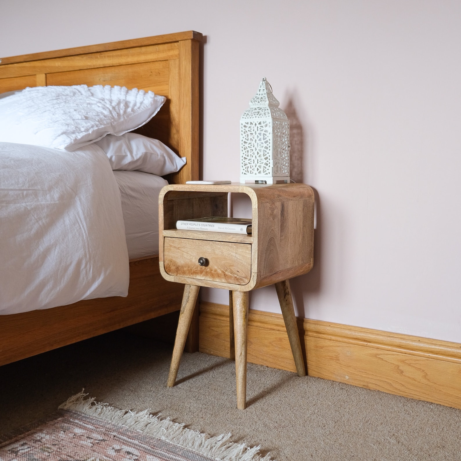 Solid Mango Wood Scandi Bedside Table | Curved Nightstand With Drawer ...