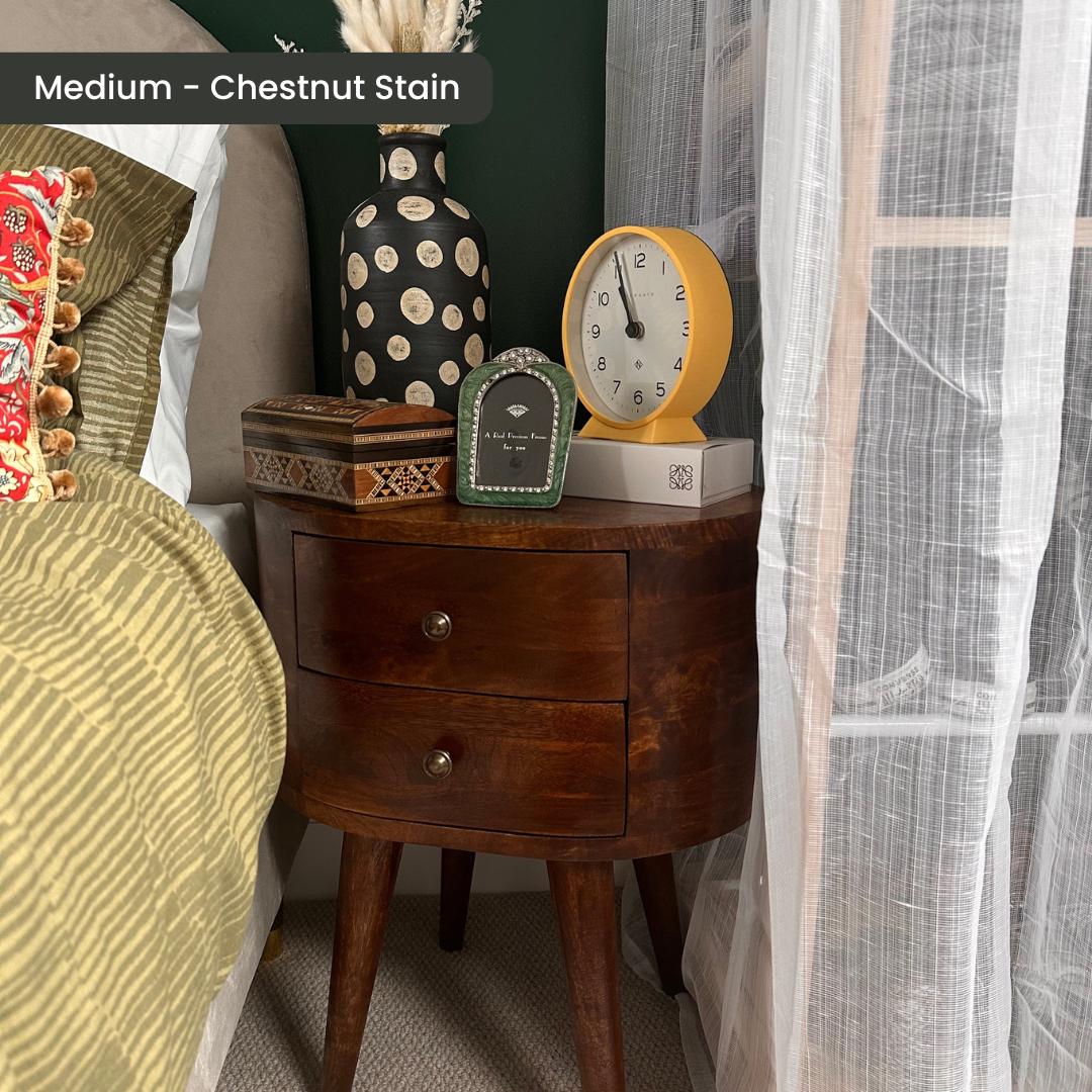 Solid Wood Round Bedside Table, Chestnut Finish Nightstand With Two ...