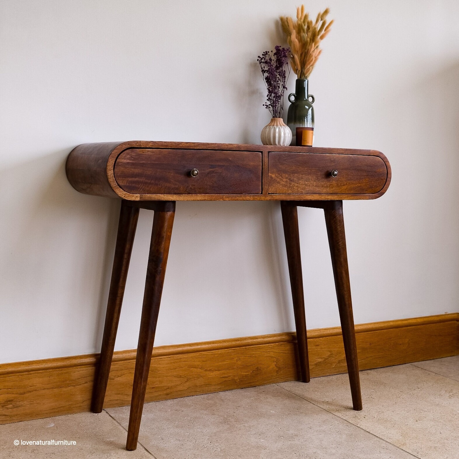 Curved Console Table Two Drawers Solid Dark Mango Wood Retro Etsy UK