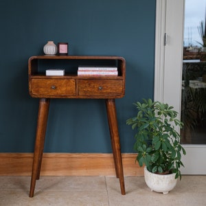 Mini Curved Console Table With 2 Drawers Open Storage Shelf Solid Mango ...