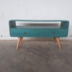 Hand Painted Teal Mango Wood TV Stand, Scandinavian Media Unit image 3