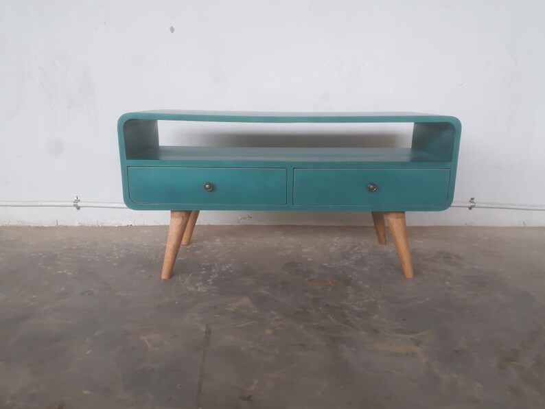 Hand Painted Teal Mango Wood TV Stand, Scandinavian Media Unit image 3