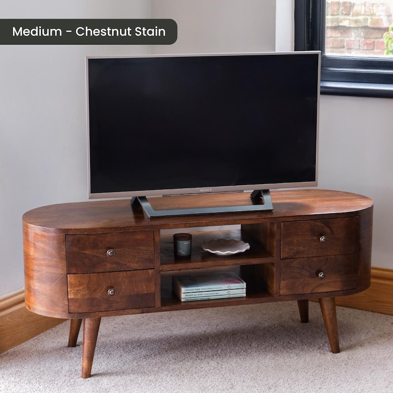 Solid Wood TV Stand 110cm Wide with Storage for Living Room Natural Light Brown zdjęcie 6