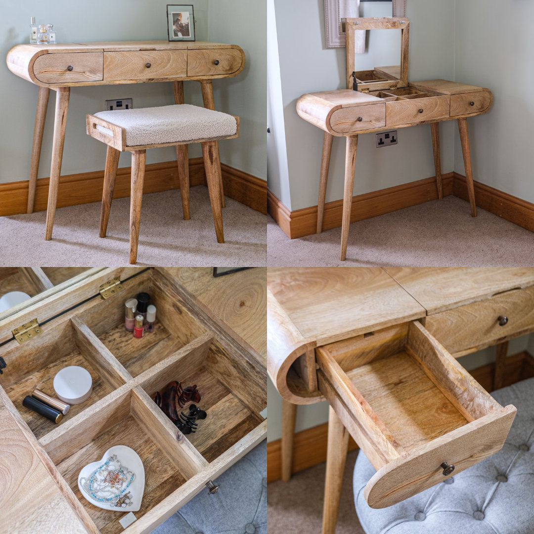 Curved Dressing Table With 3 Drawers and Foldable Mirror Hidden