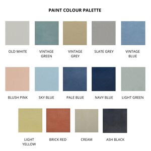 May include: A paint color palette with 12 different colors, including old white, vintage green, vintage grey, slate grey, vintage blue, blush pink, sky blue, pale blue, navy blue, light green, light yellow, brick red, cream, and ash black.