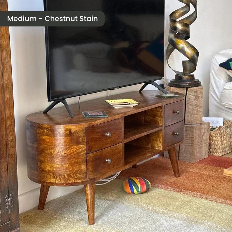 Solid Wood TV Stand 110cm Wide with Storage for Living Room Natural Light Brown zdjęcie 9