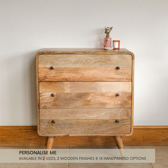 Curved Chest of 3 Drawers in Light Mango Wood Solid Wooden Scandinavian Style Bedroom Storage Chest Hand Painted Option Available Etsy