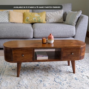 Handmade Mango Wood Curved Coffee Table Chestnut Stain | Vintage Style with Storage