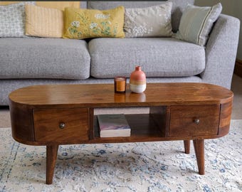 Handmade Mango Wood Curved Coffee Table Chestnut Stain | Vintage Style with Storage