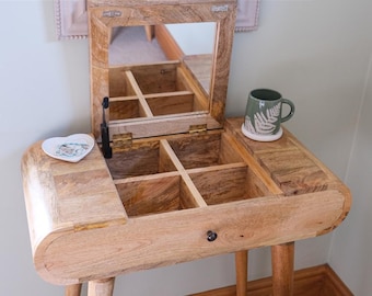 Compact Mango Wood Dressing Table with Mirror and Hidden Storage Scandinavian Style
