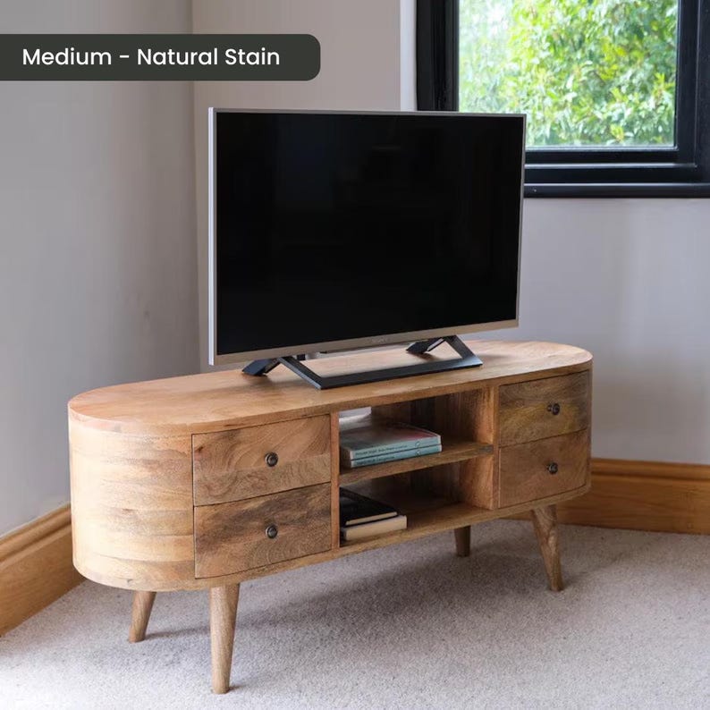 Solid Wood TV Stand 110cm Wide with Storage for Living Room Natural Light Brown zdjęcie 2