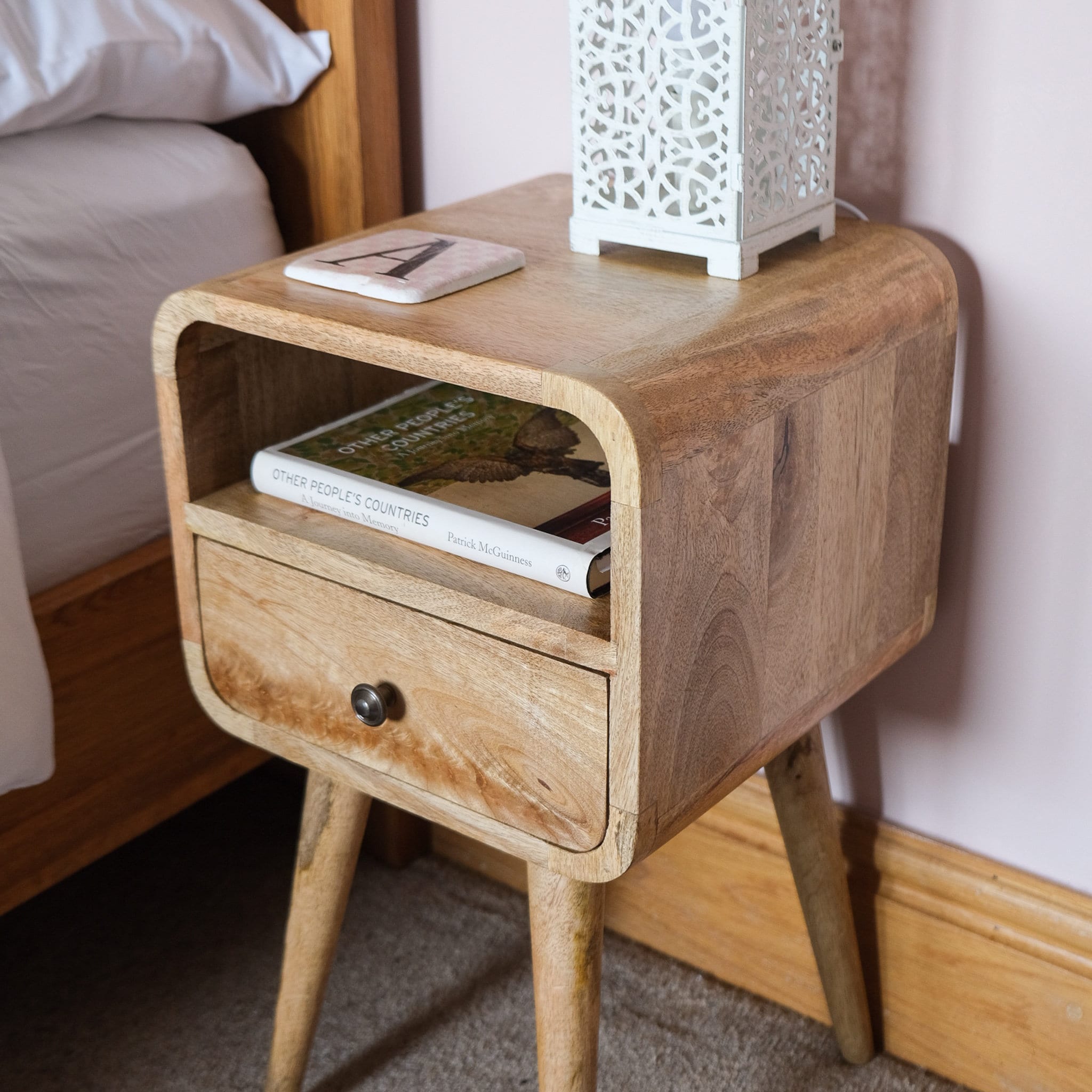 Solid Mango Wood Scandi Bedside Table | Curved Nightstand With Drawer ...