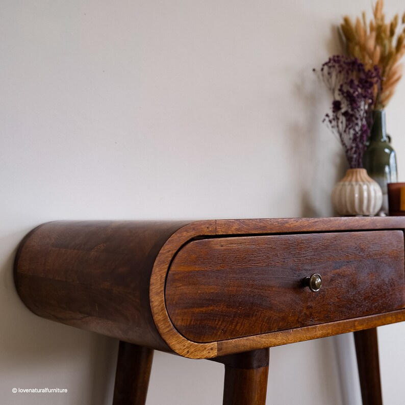 Curved Console Table Two Drawers Solid Dark Mango Wood Retro Etsy UK