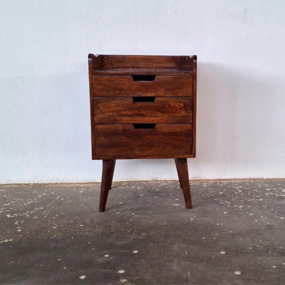 Handcrafted Mango Wood Bedside Table | Scandi Nightstand With 3 Drawers ...