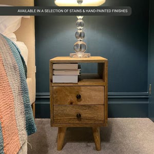 Rustic Bedside Table Solid Mango Wood Open Shelf 2 Drawers Scandi Style