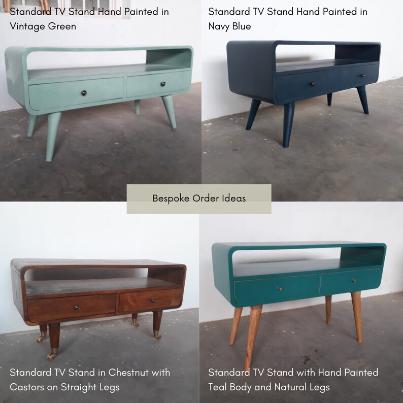 May include: Four different styles of TV stands. The first is painted vintage green, the second is painted navy blue, the third is made of chestnut wood with castors, and the fourth has a teal body with natural wood legs.
