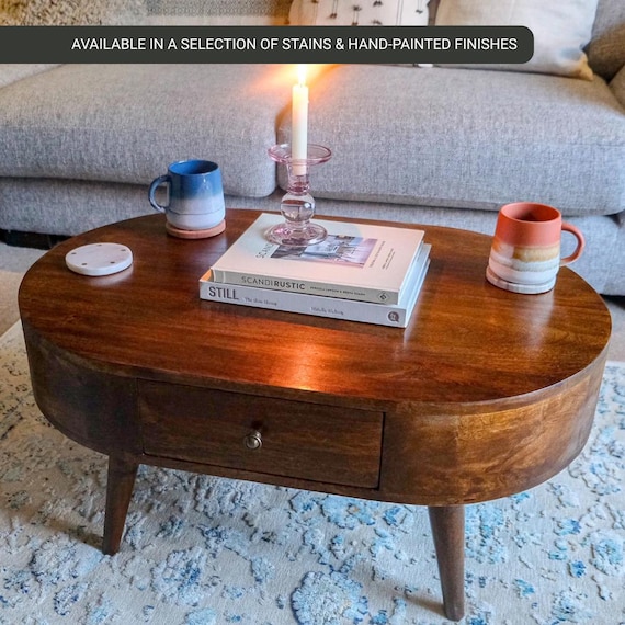 Round Coffee Table Dark Wood With Storage Drawers - Retro Vintage