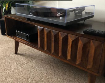 Handcrafted Mango Wood TV Stand | Mid-Century Modern Prism Cabinet