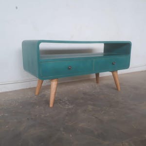 Hand Painted Teal Mango Wood TV Stand, Scandinavian Media Unit image 2