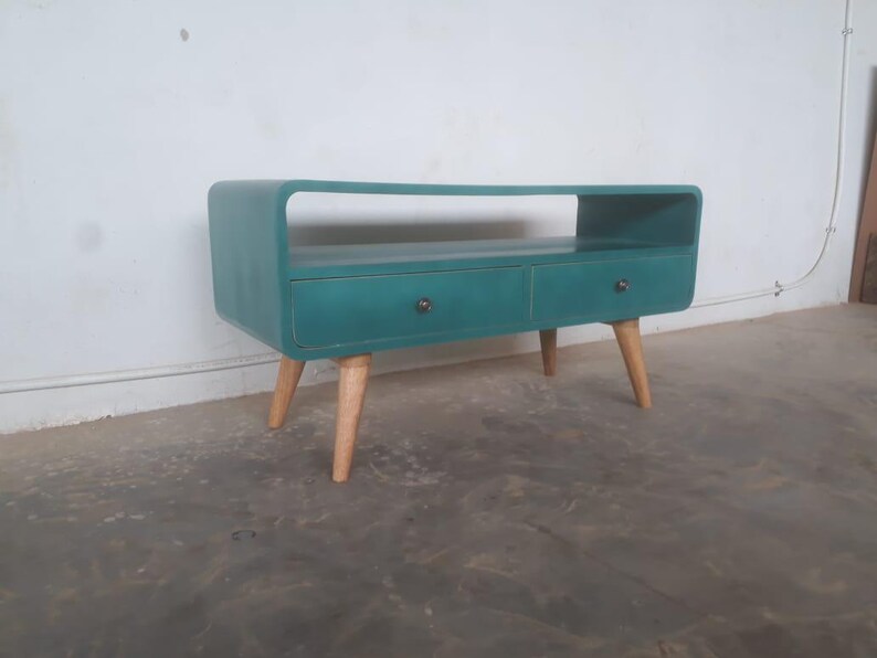 Hand Painted Teal Mango Wood TV Stand, Scandinavian Media Unit image 2