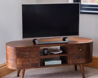 Rounded Solid Mango Wood TV Stand with Storage - Vintage Style Living Room Furniture