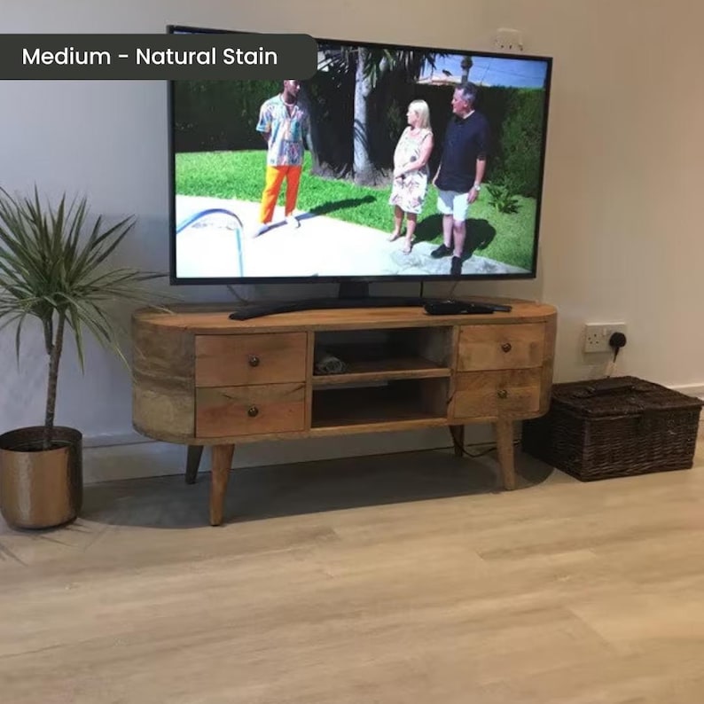 Solid Wood TV Stand 110cm Wide with Storage for Living Room Natural Light Brown zdjęcie 4