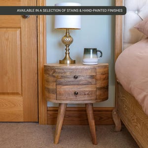 Round Wood Bedside Table Handmade 2 Storage Drawers Scandinavian Style