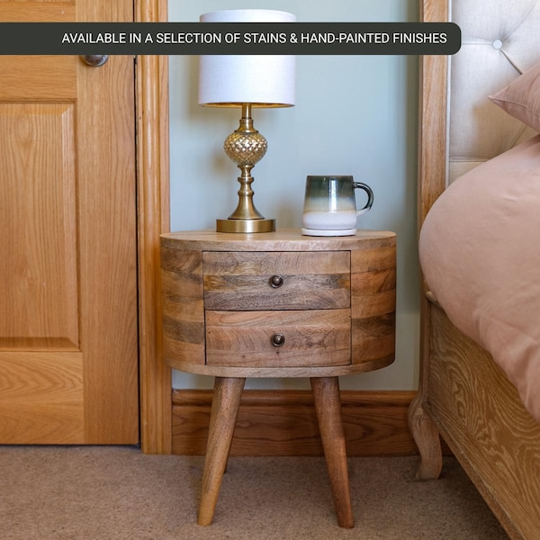 Round Solid Wood Bedside Table with 2 Drawers Scandinavian Light Brown