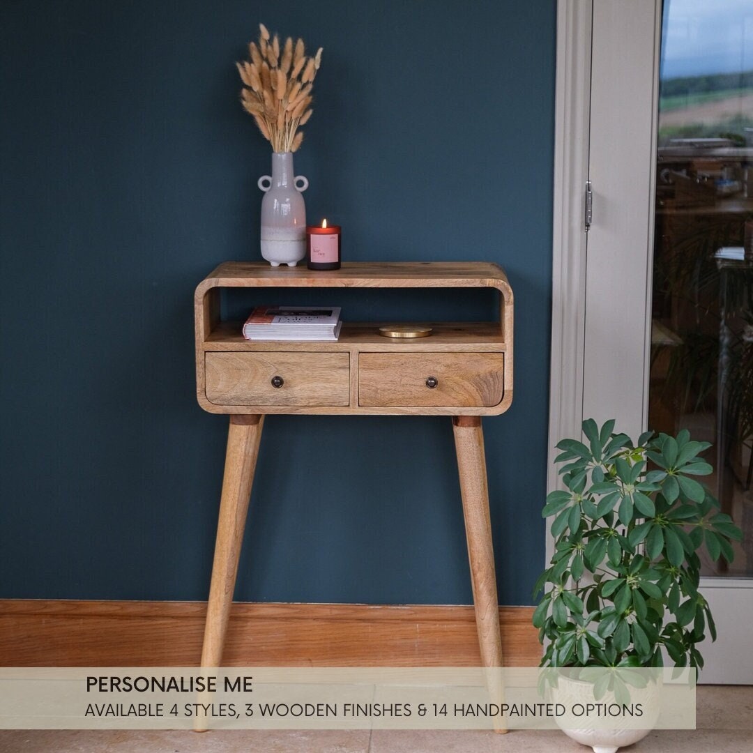 Mini Curved Console Table With 2 Drawers Open Storage Shelf Solid Mango ...
