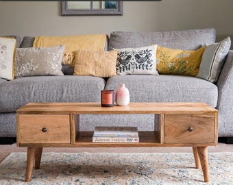 Mango Wood Rectangle Coffee Table with Storage Natural Finish | Scandi Style Living Room Furniture