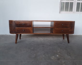 Handcrafted Mango Wood Retro TV Stand | Chestnut Media Unit with Storage