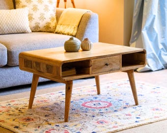 Round Mango Wood Coffee Table with Storage Handmade Wooden Living Room Furniture Scandinavian Style