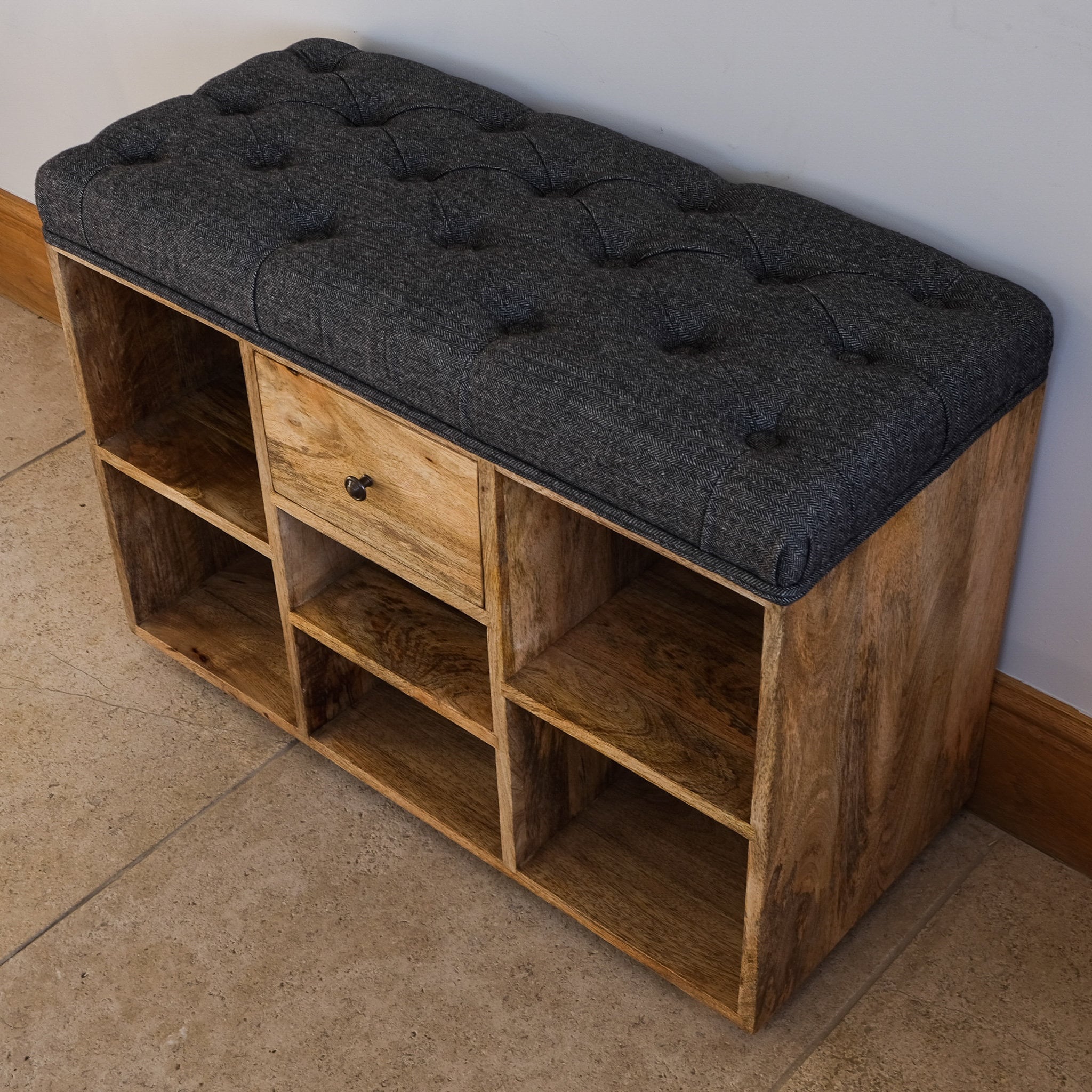 Hallway Shoe Storage Bench With Upholstered Seat pad in Grey Tweed