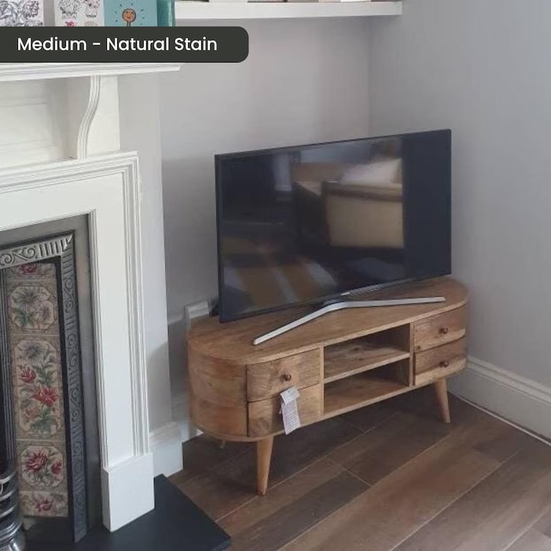 Solid Wood TV Stand 110cm Wide with Storage for Living Room Natural Light Brown zdjęcie 3