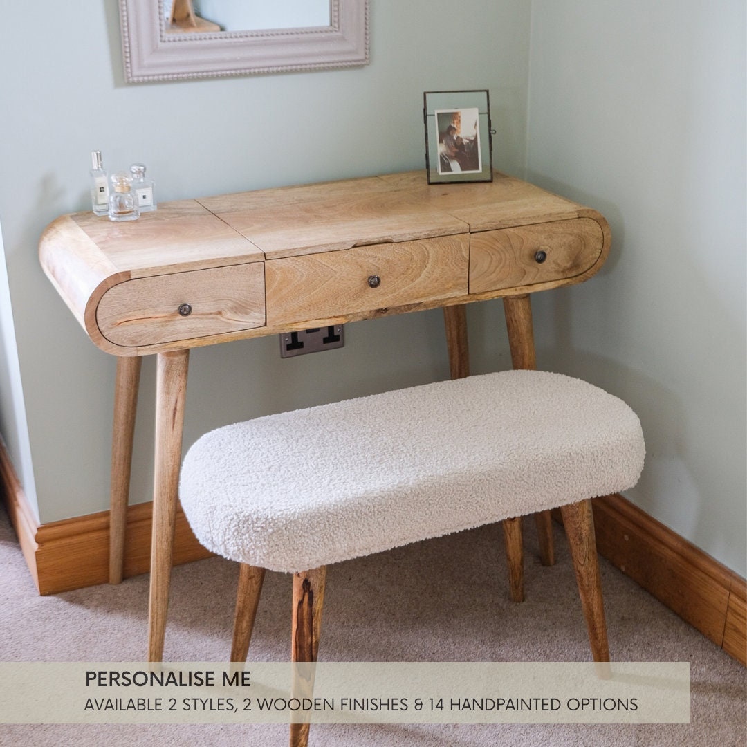 Boucle Dressing Table and Bench Set 3 Drawers and Foldable Mirror Solid