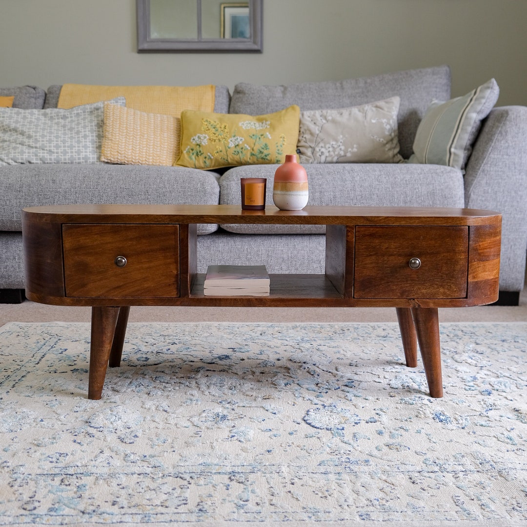 Round Coffee Table With Storage Narrow Mango Wood Living Room Furniture