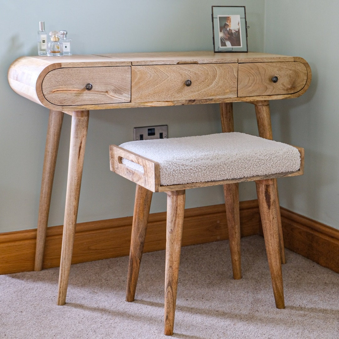 Curved Dressing Table With 3 Drawers and Foldable Mirror Hidden Storage ...