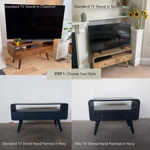May include: Four different TV stands in various wood finishes and colors. The stands are all made of wood and have a modern design. The first two stands are made of a light wood and have a natural finish. The third stand is painted navy blue and has a standard size. The fourth stand is also painted navy blue and is a smaller size.