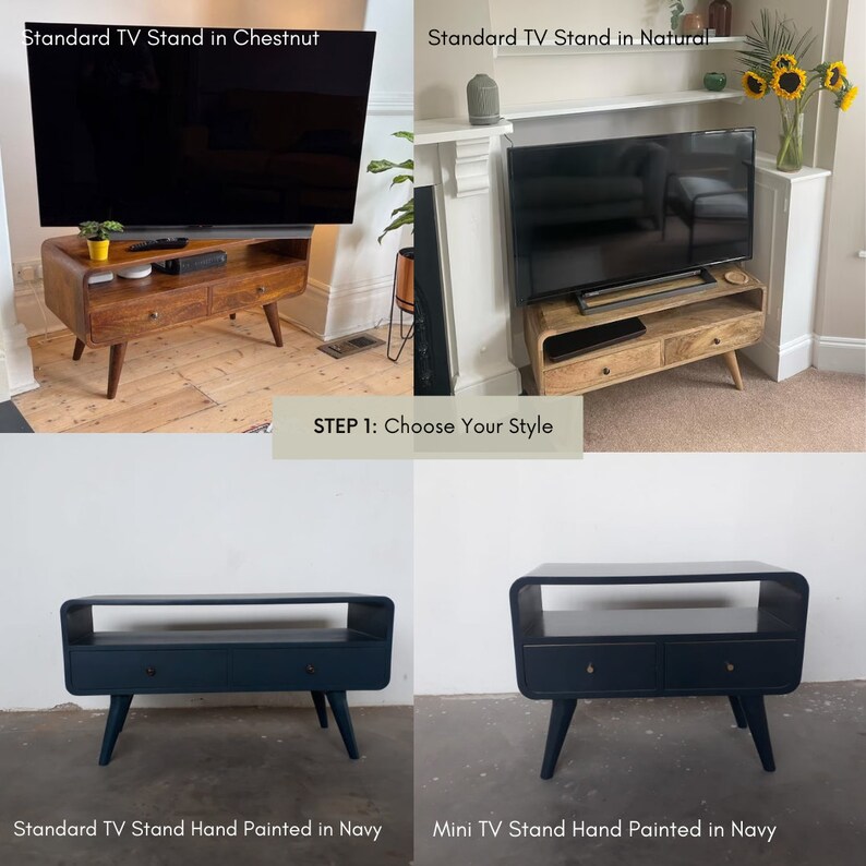 May include: Four different TV stands in various wood finishes and colors. The stands are all made of wood and have a modern design. The first two stands are made of a light wood and have a natural finish. The third stand is painted navy blue and has a standard size. The fourth stand is also painted navy blue and is a smaller size.