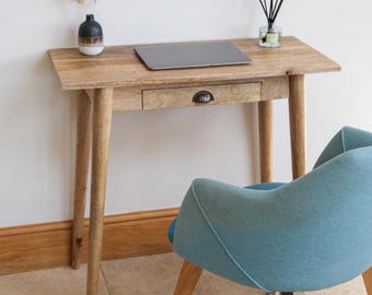 Handmade Small Mango Wood Writing Desk with Storage, Compact Home Office Table