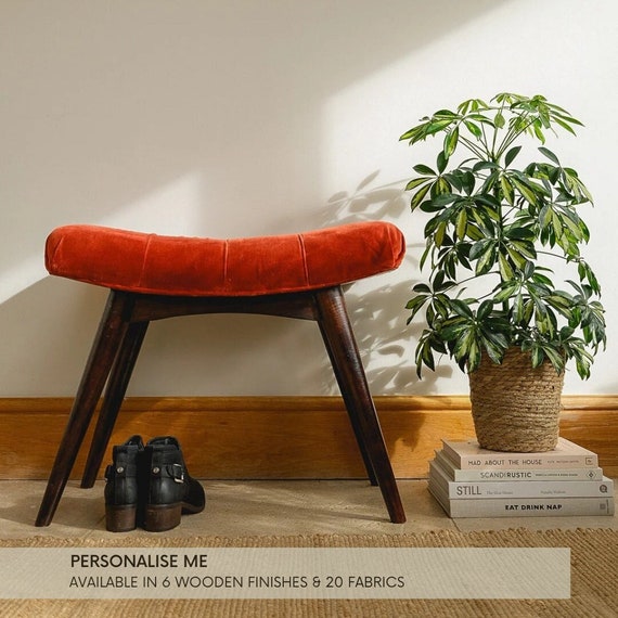 Curved Deep Button Bench in Brick Red Velvet With Mango Wood