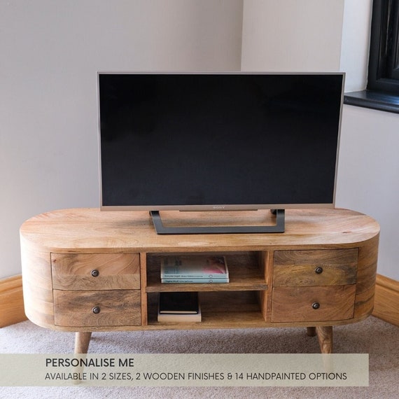 Rounded TV Stand 4 Storage Drawers 2 Open Slot Shelves Light Mango Wood Large Rustic Retro Style Media Unit Hand Painted Option Available Etsy